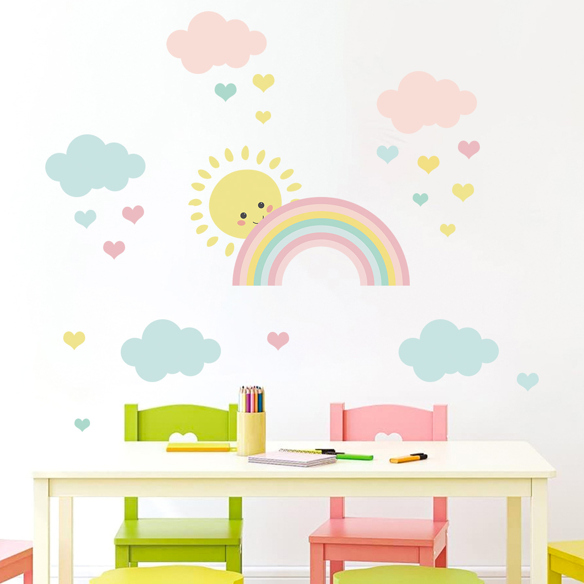 Baby Nursery Package - Cartoon Sun Rainbow Clouds Wall Decals