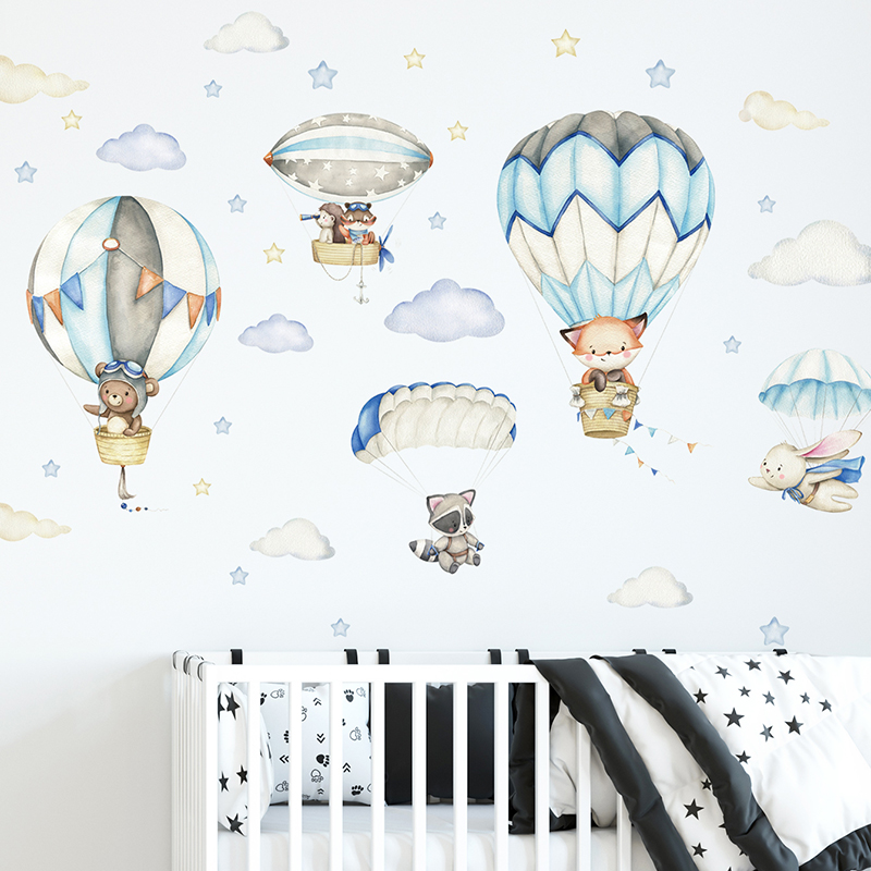 Cartoon Cute Animals Hot Air B - Baby Nursery Labels 评论和价格