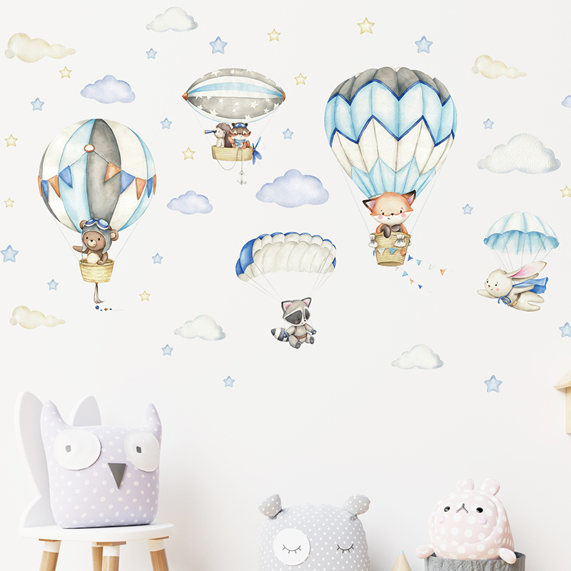 Cartoon Cute Animals Hot Air B - Baby Nursery Labels 评论和价格