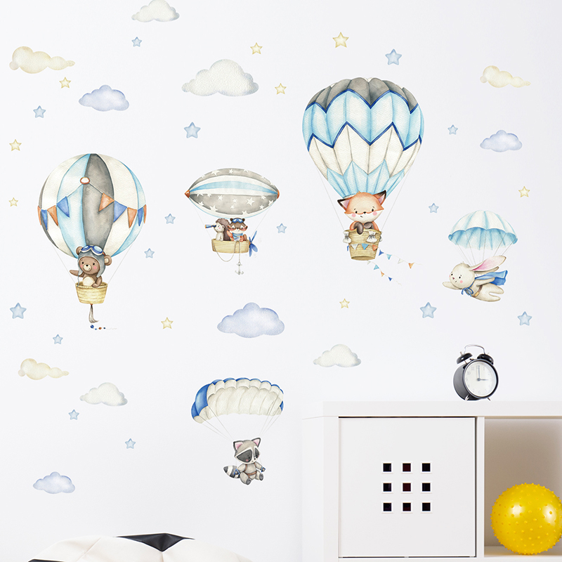 Cartoon Cute Animals Hot Air B - Baby Nursery Labels 评论和价格