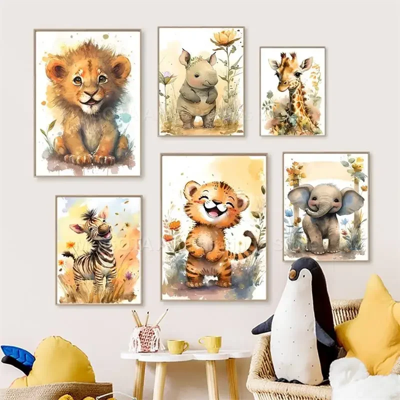 Watercolor Lion Giraffe Tiger  - Baby Nursery Pictures 评论和价格