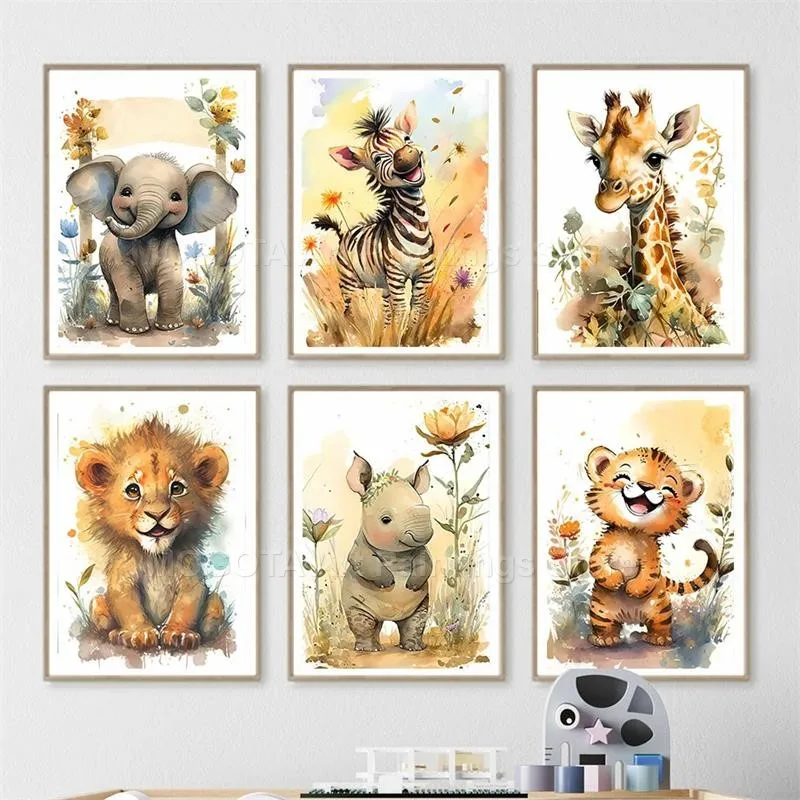 Watercolor Lion Giraffe Tiger  - Baby Nursery Pictures 评论和价格